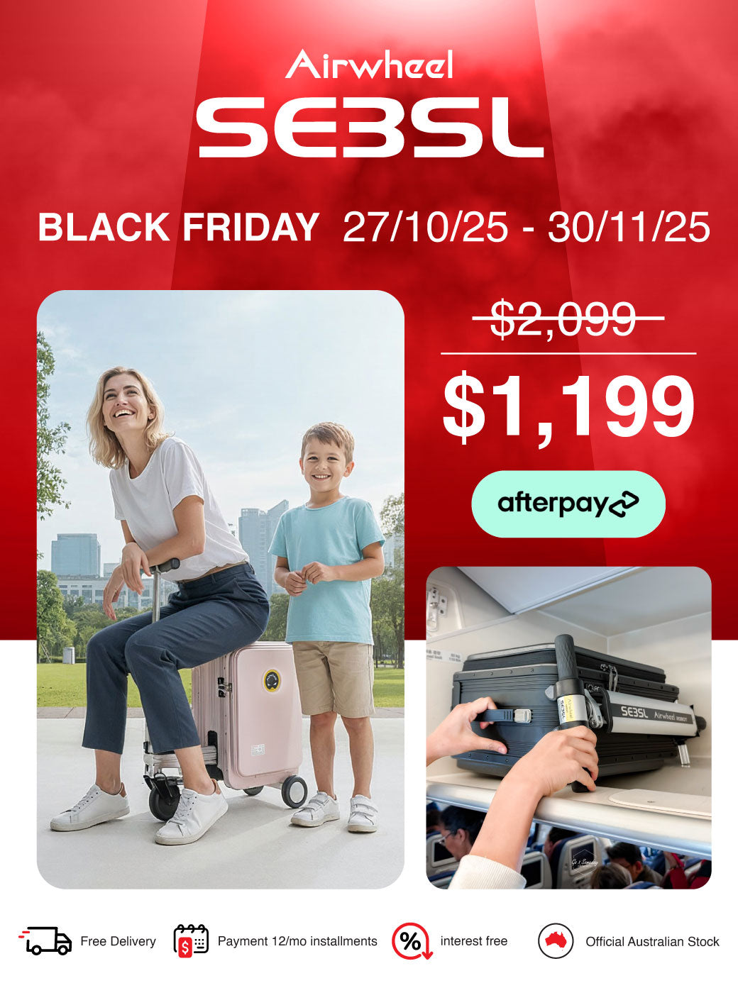 Airwheel SE3SL | Lighter Electric Rideable Smart Suitcase | 20-Inch with 20L Capacity