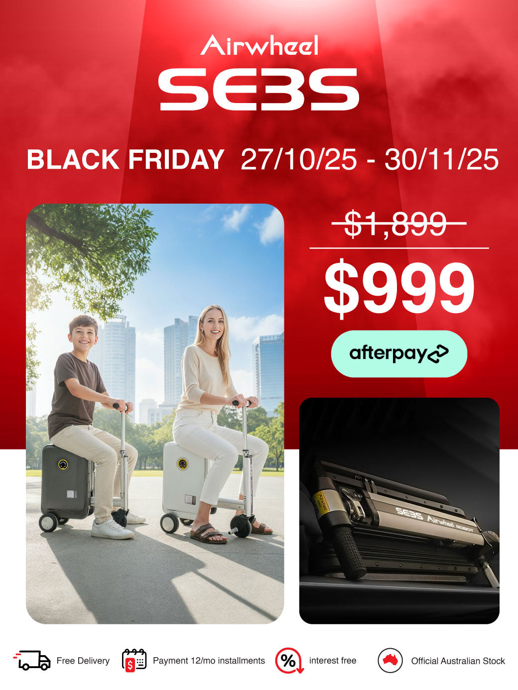 Airwheel SE3S | Electric Rideable Smart Suitcase | 20-Inch with 20L Capacity