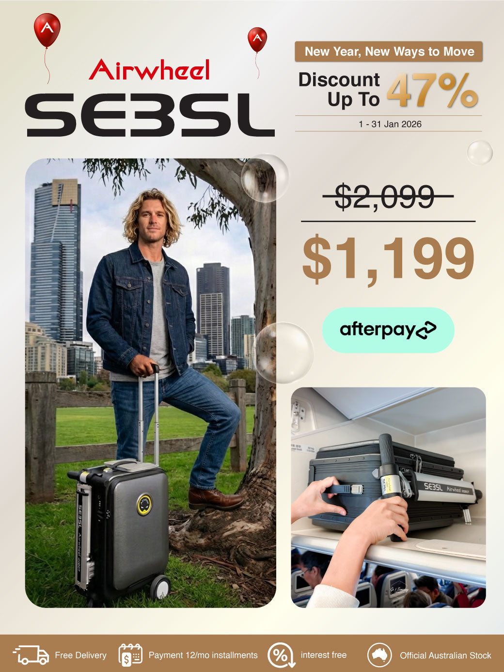 Airwheel SE3SL | Lighter Electric Rideable Smart Suitcase | 20-Inch with 20L Capacity