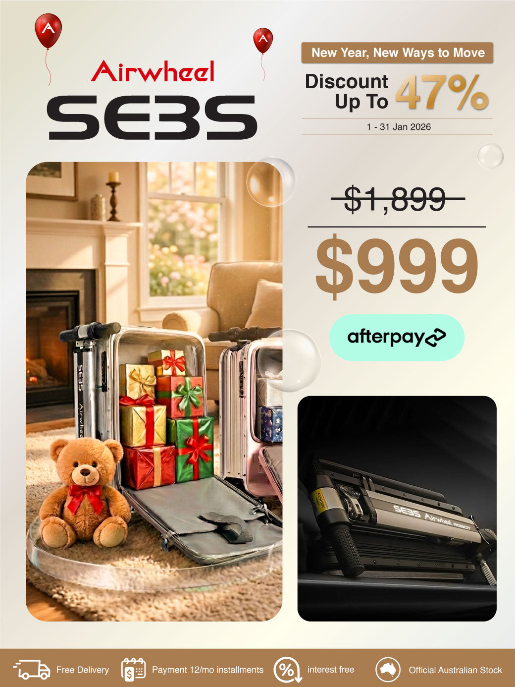 Airwheel SE3S | Electric Rideable Smart Suitcase | 20-Inch with 20L Capacity